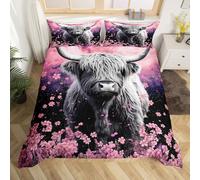 Homewish Highland Cow Duvet Cover Set Cherry Blossom Bedding Sets Double,Pink Flowers Comforter Cover Western Longhorn Bull Farm Animals Bed Set,Kawaii Room Decor