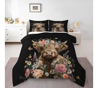 Homewish Highland Cow Duvet Set Double - for Kids Teens Adults,Farmhouse Rustic Bedding Set Floral Cowhide Quilt Set - Flying Butterflies Coverless Duvet