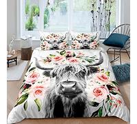 Homewish Highland Cow Flower Duvet Cover Double Size Bull Cattle Bedding Set Bedroom Decorative Western Funny Animal Comforter Wildlife Farmhouse Quilt Rose Grey Marble Bed Cover, Multi 21