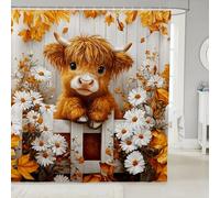 Homewish Highland Cow Shower Curtain 72" Wx72 L - Farmhouse Waterproof Bathroom Curtains Western Animals Fall Decor Daisy Flowers Bath Curtain Cute Farm Longhorn Bull Bathroom Accessories
