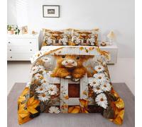 Homewish Highland Cow Single Duvet Set - Farmhouse Bedding Set Western Animals Fall Decor Daisy Flowers Quilt Set - Cute Farm Longhorn Bull Coverless Duvet