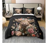Homewish Highland Cow Super King Duvet Cover Set Adults,Farmhouse Rustic Coton Bedding Floral Cowhide Quilt Cover Flying Butterflies Bed Sets