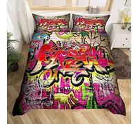 Homewish Hip Hop Double Duvet Cover Set Teenage Boys Graffiti Bedding, Colorfull Graffiti Wall Art Design Duvet Set for Kids Girls, Hippie Street Culture Decor Comforter Cover 3 Pieces