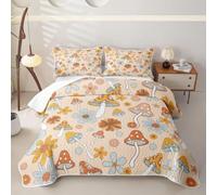 Homewish Hippy Girl Flower Single Quilted Bedspread | 60S 70S Groovy Flowers Mushroom Bedding Set Microfiber Vintage Rainbow Starflower Quilt Coverlet Decor