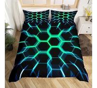 Homewish Honeycomb Bedding Set Black Teal 3D Geometric Beehive Hexagon Duvet Cover King Gamer Room Decor for Boys Kids Men,Neon Light Geometrical Honeycomb Comforter Cover Glowing Hexagonal Bed Set