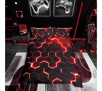 Homewish Honeycomb Bedding Set King,Red Black Geometric Duvet Cover Neon Glitter Hexagon Geometry Comforter Cover For Kids Boys Teen Men Soft Lightweight Quilt Cover Bedroom Dorm Decor