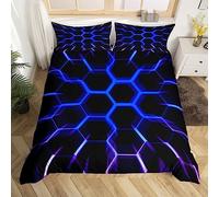 Homewish Honeycomb Duvet Cover Black Blue 3D Geometric Beehive Hexagon Bedding Set King Gamer Room Decor for Boys Kids Men,Neon Light Geometrical Honeycomb Comforter Cover Glowing Hexagonal Bed Set