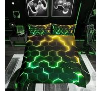 Homewish Honeycomb Duvet Cover Double, Yellow Green Bedding Set 3 Pieces | Modern Hexagonal Quilt Cover with 2 Pillowcases, Cool Beehive Black Bed Sets for Kids Adults Teenage Boy