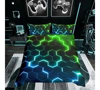 Homewish Honeycomb Duvet Cover King, Blue Green Bedding Set Bedroom Decor | Modern Quilt Cover with 2 Pillowcases, Bed Sets for Teenage Boy Kids Adults, Blue Green Gradient, Geometric Hexagonal Decor