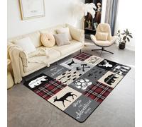 Homewish Hunting Bear Living Room Rugs 100x150 cm Rustic Deer Elk Decorative Carpet Country Camper Lodge Area Rug For Bedroom Decor Patchwork Retro Cabin Indoor Floor Mat, Black Gray Red