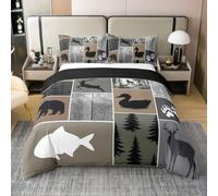 Homewish Hunting Double Bedding Set with 2 Pillowcases - Wild Ducks Fish Cotton Duvet Cover Rustic Cabin Western Quilt Cover Woodland Wildlife Farmhouse Bed Sets