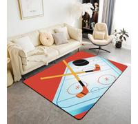 Homewish Ice Hockey Rink Bedroom Rugs, Sports Themed Area Rug 100x150 cm for Boys Kids Teen, Hockey Puck Pattern Washable Rug | Ball Gaming Carpet Indoor Floor Mat