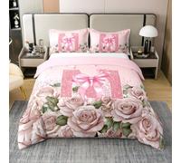 Homewish Initial A to Z Letter Duvet Cover Set Personalized Initial Letter M 100% Cotton Quilt Cover, Monogrammed Pink Bow Single Bedding Set, Romantic Rose Bowknot Kawaii Bed Set
