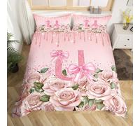 Homewish Initial A to Z Letter Duvet Cover Set Personalized Initial Letter U Single Bedding Sets for Girls, Monogrammed Pink Bow Quilt Cover Romantic Rose Bowknot Kawaii Bed Set