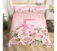 Homewish Initial A-Z Letter Duvet Cover Set Personalized Initial Letter F Single Bedding Sets for Girls, Monogrammed Pink Bow Quilt Cover Romantic Rose Bowknot Kawaii Bed Set