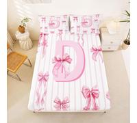 Homewish Initial D Letter Bed Sheets Single Kawaii Princess Bowknot Fitted Sheet Romantic Bow Bedding Set,Princess Butterfly Knot Bed Cover 2 Pcs