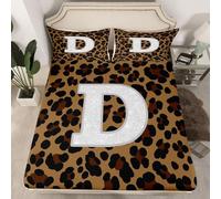Homewish Initial Letter D Bedding Set Single Brown Cheetah Print Fitted Sheet Leopard Silver Letter Bed Sheets for Kids Teens Girls,Modern Aesthetic Bed Cover 2 Pcs