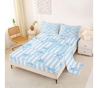 Homewish Initial Letter D Bow Alphabet Blue Stripes Bedding Set Single Coquette Bowknot Bed Sheets Stripe Kawaii Sheet Set - Dreamy Princess Fitted Top Sheets 3 Piece