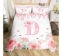 Homewish Initial Letter D Duvet Cover Single Princess Style Bow Bedding Set Monogrammed Bowknot Quilt Cover For Kids Boys Girls,Rose Alphabet Design Bed Set