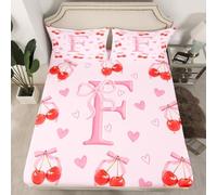 Homewish Initial Letter F Fitted Sheet Single for Kids Teens Women,Kawaii Bow Monogrammed Bed Sheets Princess Style Bowknot Bedding Set, Cute Cherry Lover Hearts Bed Cover 2 Pcs