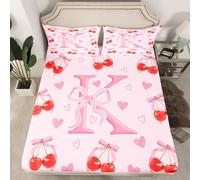 Homewish Initial Letter K Bedding Set Single for Kids Teens Women,Kawaii Bow Monogrammed Fitted Sheet Princess Style Bowknot Bed Sheets for Kids Teens Girls, Cute Cherry Lover Hearts Bed Cover 2 Pcs