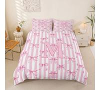 Homewish Initial Letter M Pink Alphabet Bow Stripes Single Bedding Sets Princess Dreamy Duvet Cover Kawaii Coquette Bowknot Quilt Cover Warm Soft Bedclothes Bed Set