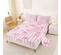 Homewish Initial Letter P Bow Alphabet Pink Stripes Bed Sheets Single Bowknot Coquette Sheet Set Princess Dreamy Bedding Set - Kawaii Warm Soft Bedclothes Fitted Flat Sheets 3 Piece