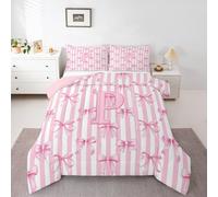 Homewish Initial Letter P Bow Alphabet Pink Stripes Single Duvet Set - Bowknot Coquette Bedding Set Princess Dreamy Quilt Set - Kawaii Warm Soft Bedclothes Coverless Duvet