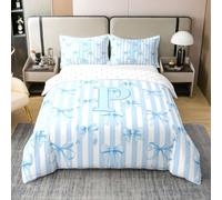 Homewish Initial Letter P Stripes Bow Alphabet Blue Single Bedding Set Bowknot Coquette Coton Duvet Cover Princess Dreamy Quilt Cover Kawaii Bed Sets