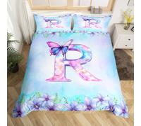 Homewish Initial Letter R King Comforter Cover for Kids Teens Girls - Purple Butterfly Duvet Cover Garden Petals Flower Floral Bed Set Lavender Flying Animal Bedding Set