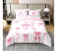 Homewish Initial Letter R Single Bedding Sets Pink Alphabet Bow Coton Duvet Cover Romantic Dreamy Bowknot Quilt Cover Cute Kawaii Coquette Bed Set