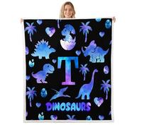 Homewish Initial Letter T Fuzzy Plush Throw Dinosaur Galaxy Fleece Blanket Cute Kawaii Dinosaur Sherpa Blanket - Jungle Animal Print Decor for Bed Couch Queen 90"x90"