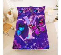 Homewish Initial Letter Y Bedding Set Single Purple Blue Rose Butterfly Fitted Sheet Romantic Flower Butterflies Bed Sheets for Kids Teens Girls,Personalized Monogrammed Bed Cover 2 Pcs