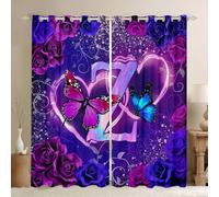 Homewish Initial Letter Z Window Curtains 46 x 54 Inch 2 Panel Sets - Purple Blue Rose Butterfly Blackout Curtains Romantic Flower Butterflies Window Treatments Drapes Personalized Monogrammed