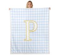 Homewish Initial P Letter Sherpa Blanket White Blue Plaid Fuzzy Plush Throw Buffalo Grid Gingham Fleece Blanket - Monogram Checkered Decor for Bed Couch Queen 90"x90"