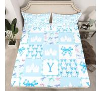 Homewish Initial Y Letter Fitted Sheet Single Blue Bows Bed Sheets for Kids Teens Coquette Bowknot Bedding Set,Cute Girly Castle Bed Cover 2 Pcs