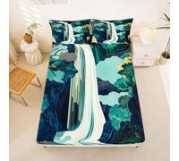 Homewish japanese Bed Sheets Double abstract waterfall Fitted Sheet Green Forest landscape Bedding Set for Kids Boys Girls,modern aesthetic Bed Cover 3 Pcs