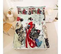 Homewish Japanese Bedding Set King Japan Geisha Fitted Sheet Cherry Blossom Floral Bed Sheets,Vintage Geisha Lady Kimono Bed Cover 3 Pcs