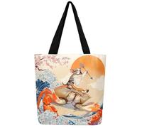 Homewish Japanese Canvas Bag Funny Dog Riding Crab Grocery Bag, Cool Novelty Wildlife Canvas Tote Bag Ukiyo-E Sun Ocean Wave Shopping Bag, Cherry Blossoms Beach Bag