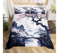 Homewish Japanese Cherry Blossom Duvet Cover King Size, Vintage Oriental Chinese Bedding Set for Kids Teens Adults, Ink Painting Landscape Print Quilt Cover, Aesthetic Floral Bed Sets