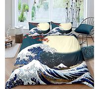 Homewish Japanese Duvet Cover Double, Wave Bedding Set Bedroom Decor | Blue Ocean Maple Leaf Moon Hokusai Ukiyoe Quilt Cover with 2 Pillowcases, Bed Sets for Kids Teens