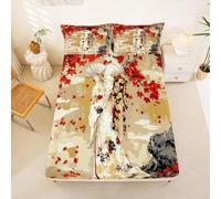 Homewish Japanese Fitted Sheet Double Japan Geisha Girl Bed Sheets Retro Maple Leaves Bedding Set,Vintage Geisha Lady Kimono Bed Cover 3 Pcs