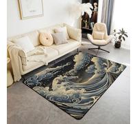 Homewish Japanese Great Waves Area Rug 100x150 cm Asian Sea Wave Living Room Rugs Black Gold Clouds Decorative Carpet Vintage Retro Glitter Stars Indoor Floor Mat
