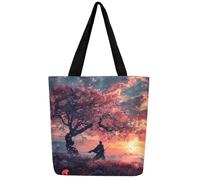 Homewish Japanese Samurai Canvas Bag Chic Cherry Blossoms Grocery Bag, Natural Sunset Canvas Tote Bag Mountain Tree Reed Marsh Shopping Bag, Asian Oriental Eastern Beach Bag Diaper Bag