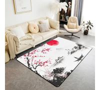 Homewish Japanese Style Area Rugs 150x200cm - Red Cherry Blossoms Living Room Rug Man With Boat Sakura Flowers Non Shedding Carpet,Ink Painting Large Rugs