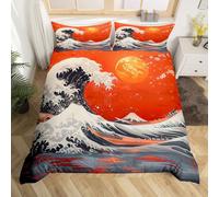 Homewish Japanese Style Bed Set Oriental Ukiyoe Duvet Cover for Kids Girls, Cherry Blossoms Double Bedding Sets Mount Fuji Comforter Cover, Ocean Wave Bed Cover Bedroom Decor (Zipper Closure)