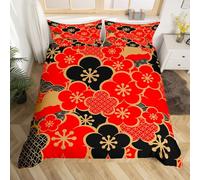 Homewish Japanese-Style Bedding Sets Double for Girls Women Cherry Blossoms Comforter Cover, Black and Red Bed Set Girly Flower Floral Duvet Cover, Exotic Oriental Quilt Cover Microfiber
