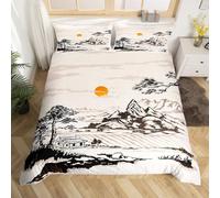 Homewish Japanese Style Bedding Sets King Traditional Ink Painting Comforter Cover, Country Mountain Tree Bed Set Exotic Oriental Style Duvet Cover, Black Beige Quilt Cover 3pcs
