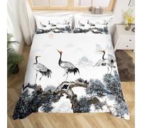 Homewish Japanese-Style Bedding Sets Super King Chic Crane Comforter Cover, Pine Tree Bed Set Animal Theme Duvet Cover, Natural Mountain Botanical Plant Quilt Cover Oriental Style Bedroom Decoration