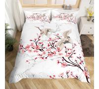 Homewish Japanese Style Duvet Cover Double Chic Cherry Blossoms Bedding Set, Grey White Marble Comforter Cover Oriental Exotic Style Bed Set, Wild Crane Bedding with 2 Pillowcases